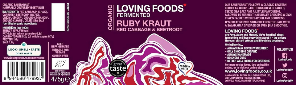 Loving Foods Award Winning *Organic & Made in The UK* Ruby Sauerkraut (475g) Raw, Unpasteurised & Bursting with Beneficial Live Bacteria (12 x Jars)