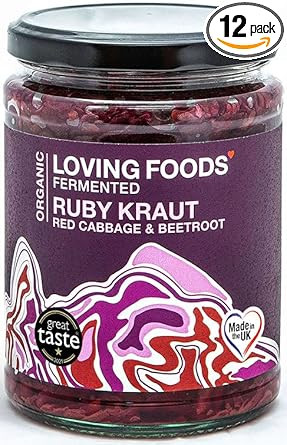 Loving Foods Award Winning *Organic & Made in The UK* Ruby Sauerkraut (475g) Raw, Unpasteurised & Bursting with Beneficial Live Bacteria (12 x Jars)