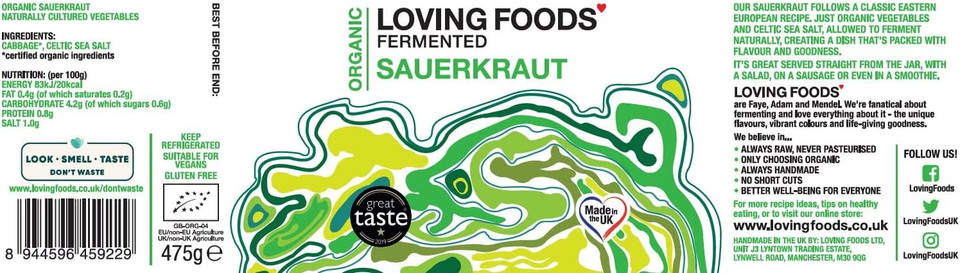 Loving Foods Award-Winning *Organic & Made in the UK* Sauerkraut (2 x 475g) Raw, Unpasteurised & Bursting with Beneficial Live Bacteria (2 x Jars)
