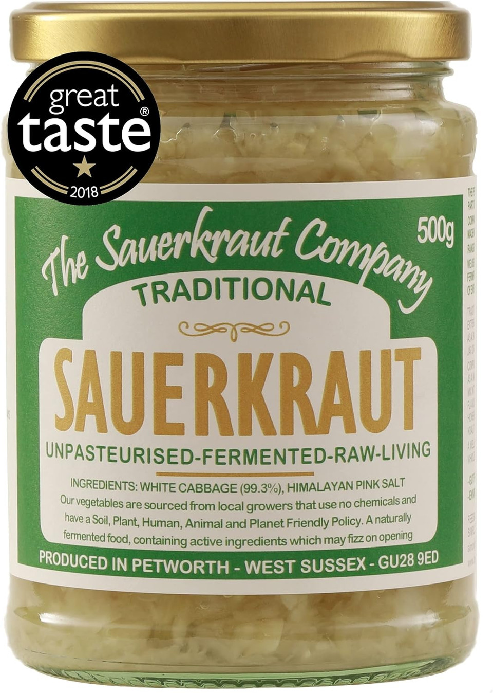 The Sauerkraut Co. Award Winning Traditional Sauerkraut (1x500g). Packed Full of Friendly Living Bacteria (Unpasteurised), Vitamins & Minerals