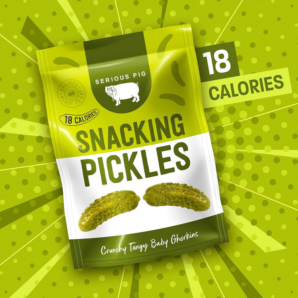 Serious Pig - Pickled Snacking Gherkins In A Pouch, Crunchy Snacks with Dill and Garlic, Low Carb, Low Calorie, Drained and Ready to Eat (12 x 40g)