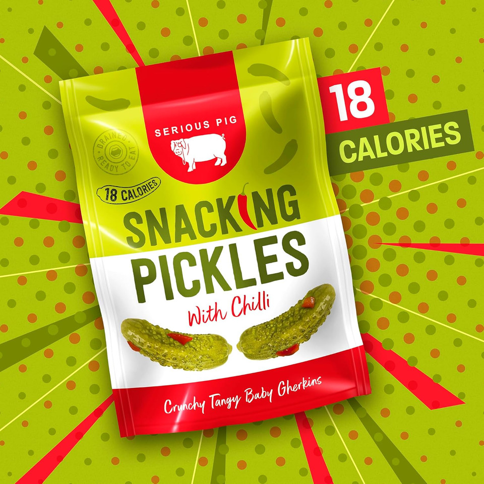 Serious Pig - Chilli Pickled Snacking Gherkins In A Pouch, Crunchy Snacks with Red Chilli, Dill and Garlic, Low Carb, Low Calorie, Drained and Ready to Eat (12 x 40g)