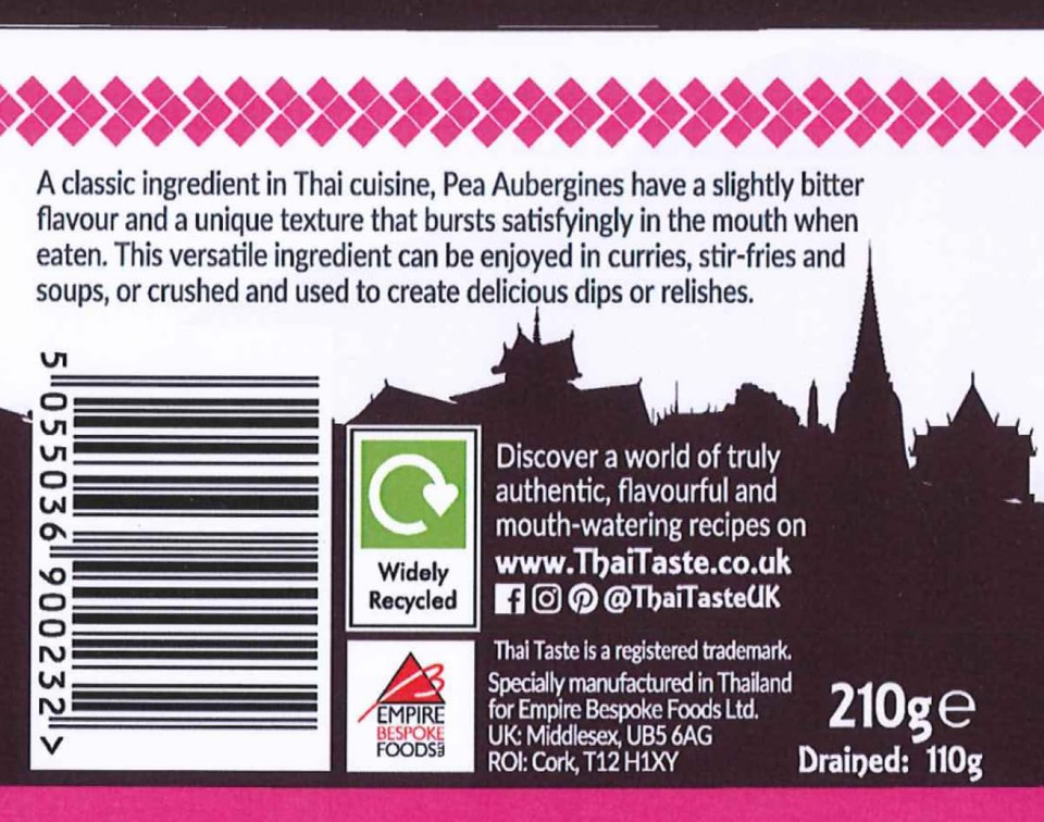 Thai Taste Pea Aubergines 210g - Pack of 2