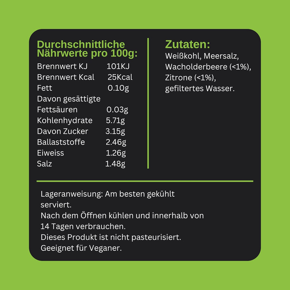 The Cultured Food Co. - Juniper Berry with Lemon and Cracked Black Pepper Sauerkraut 1kg Jar - Organic, Probiotic, Raw & Unpasteurised - Traditionally Fermented - Handmade - No Preservatives - Vegan
