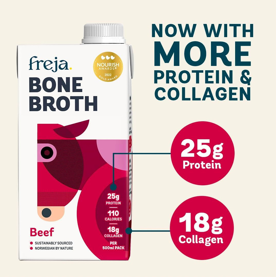 Freja Beef Bone Broth | Grass-Fed | Collagen, Protein & Amino Acids | Low Carb, Keto & Gluten Free | Clear Liquid Broth, not Beef Stock Cubes, Powder or Concentrate | 6 x 500ml