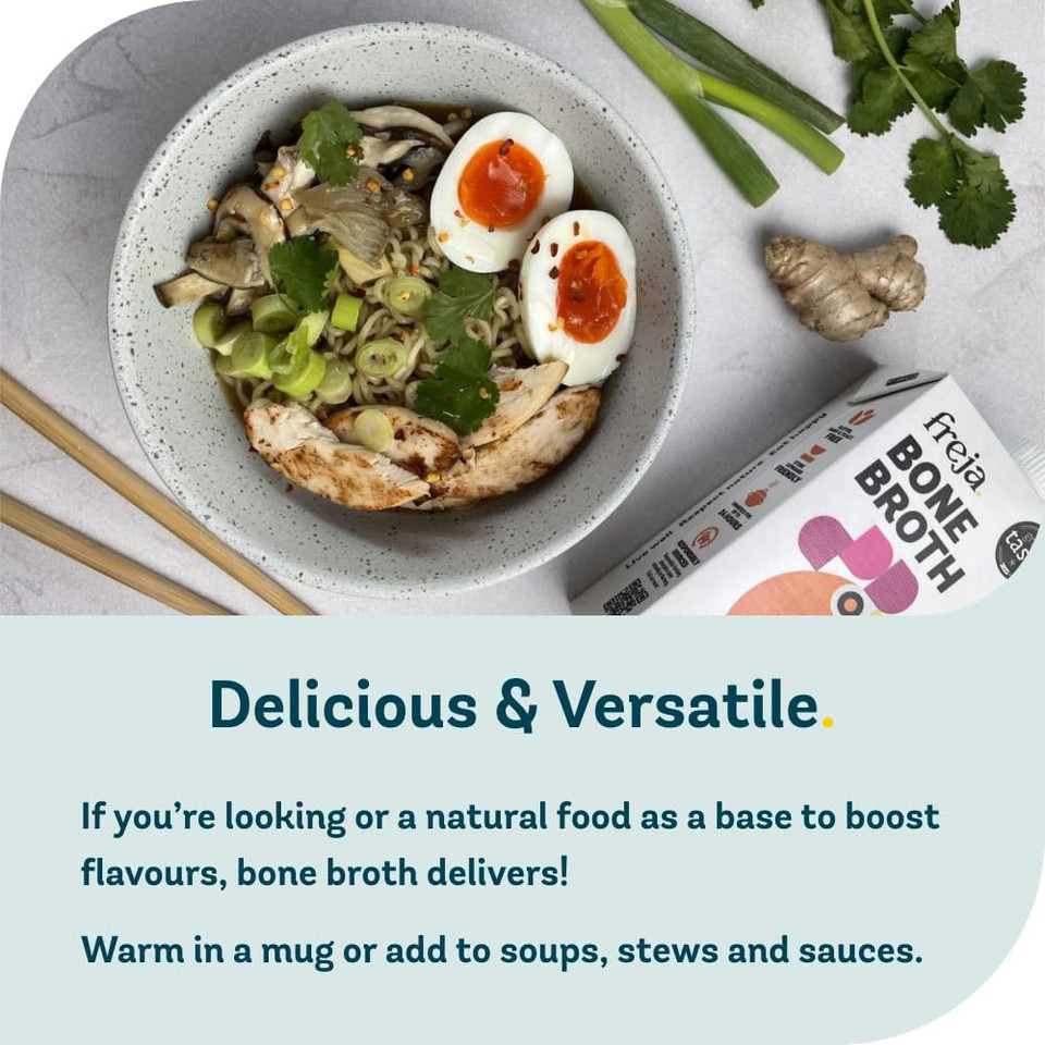 Freja Chicken Bone Broth | Free Range | Collagen, Protein & Amino Acids | Low Carb & Gluten Free | Clear Liquid Broth, not Chicken Stock Cubes, Powder or Concentrate | 12 x 500ml