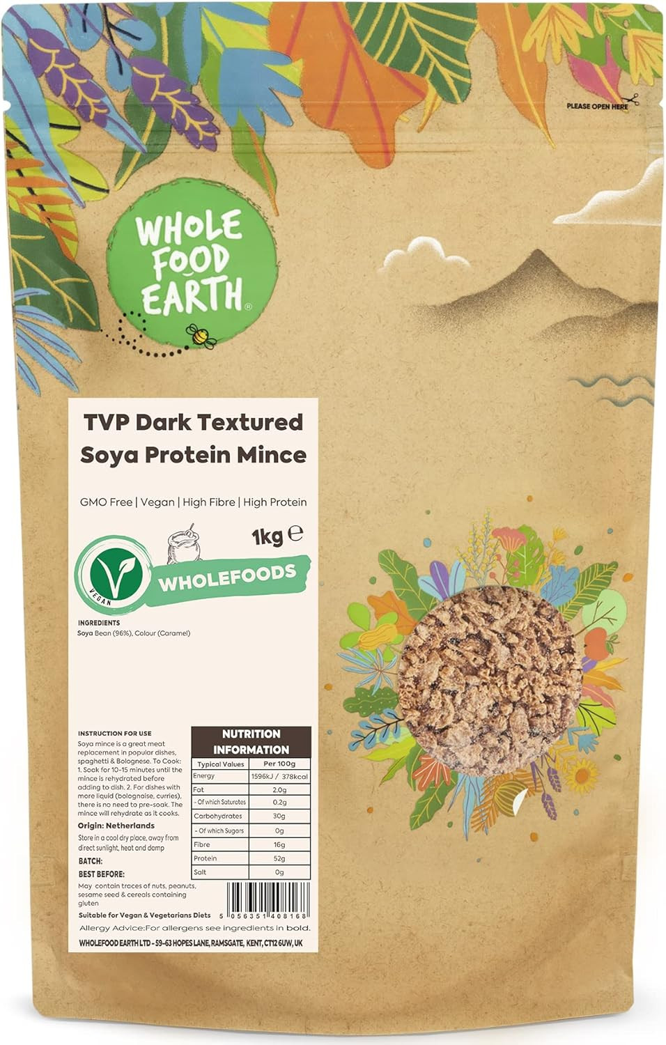Wholefood Earth TVP Dark Textured Soya Protein Mince 1 kg | GMO Free | High Fibre | High Protein