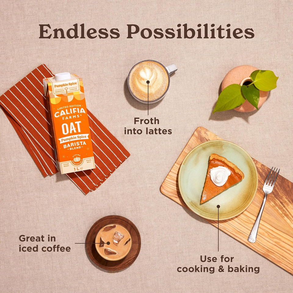 Califia Farms Pumpkin Spice Barista Blend Oat Drink - Real Pumpkin Puree With Warming Nutmeg, Ginger & Cinnamon - Dairy Free, Lactose Free & Vegan (6 x 1L)