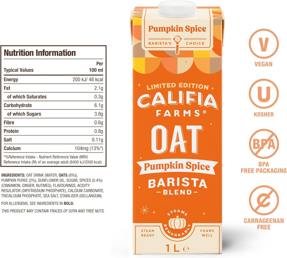 Califia Farms Hazelnut Oat Barista Blend with Calcium - Dairy Free, Lactose Free, Vegan (6 x 1L)