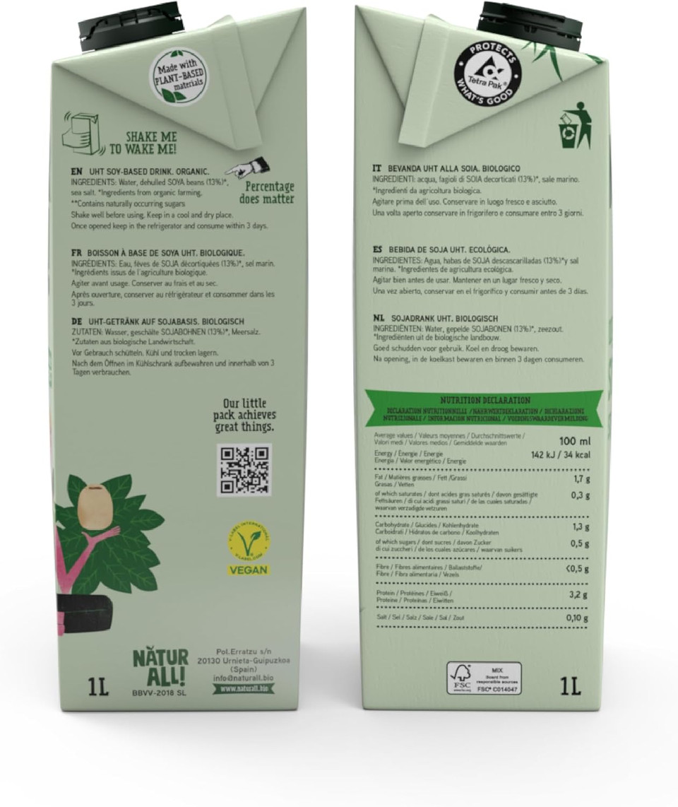NATUR ALL | Organic Soya Drink 1L - Unsweetened, Only 3 Ingredients, 100% Plant-Based, Vegan (6 unit box)