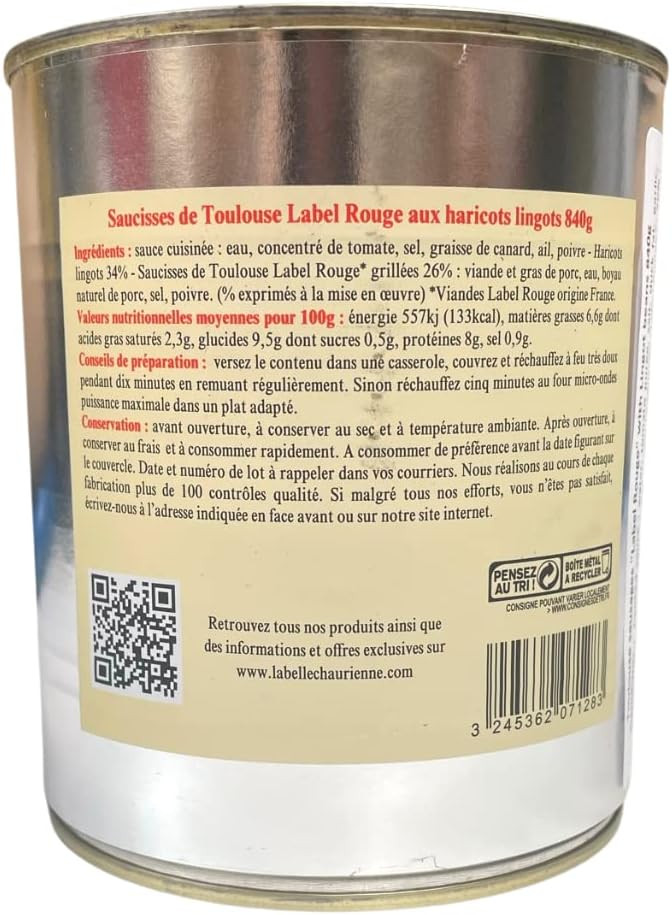 La Belle Chaurienne Label Rouge Toulouse Sausages and Haricot Beans 840g x 2