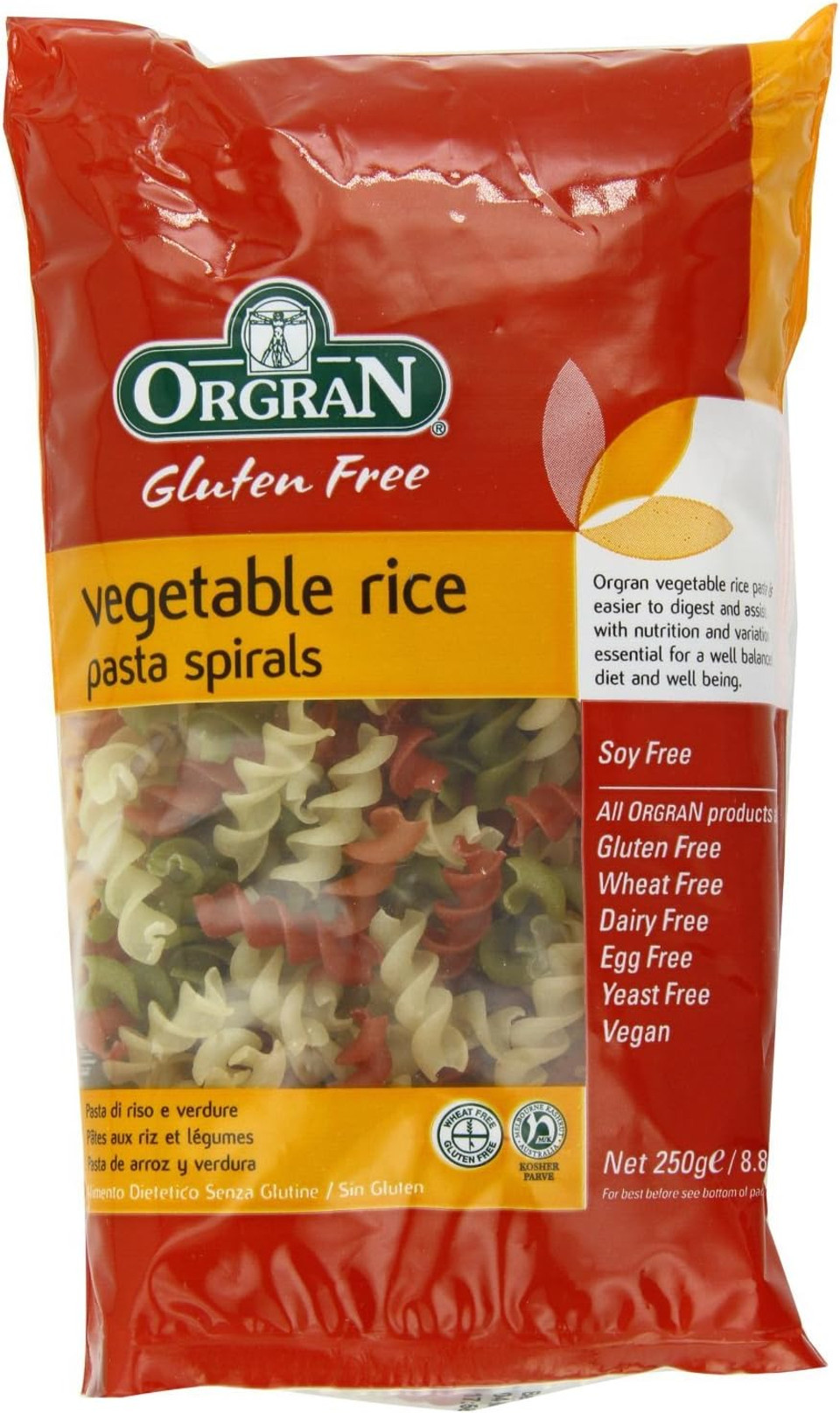 Orgran Gluten Free Vegetable Rice Pasta Spirals 250g - Pack of 6