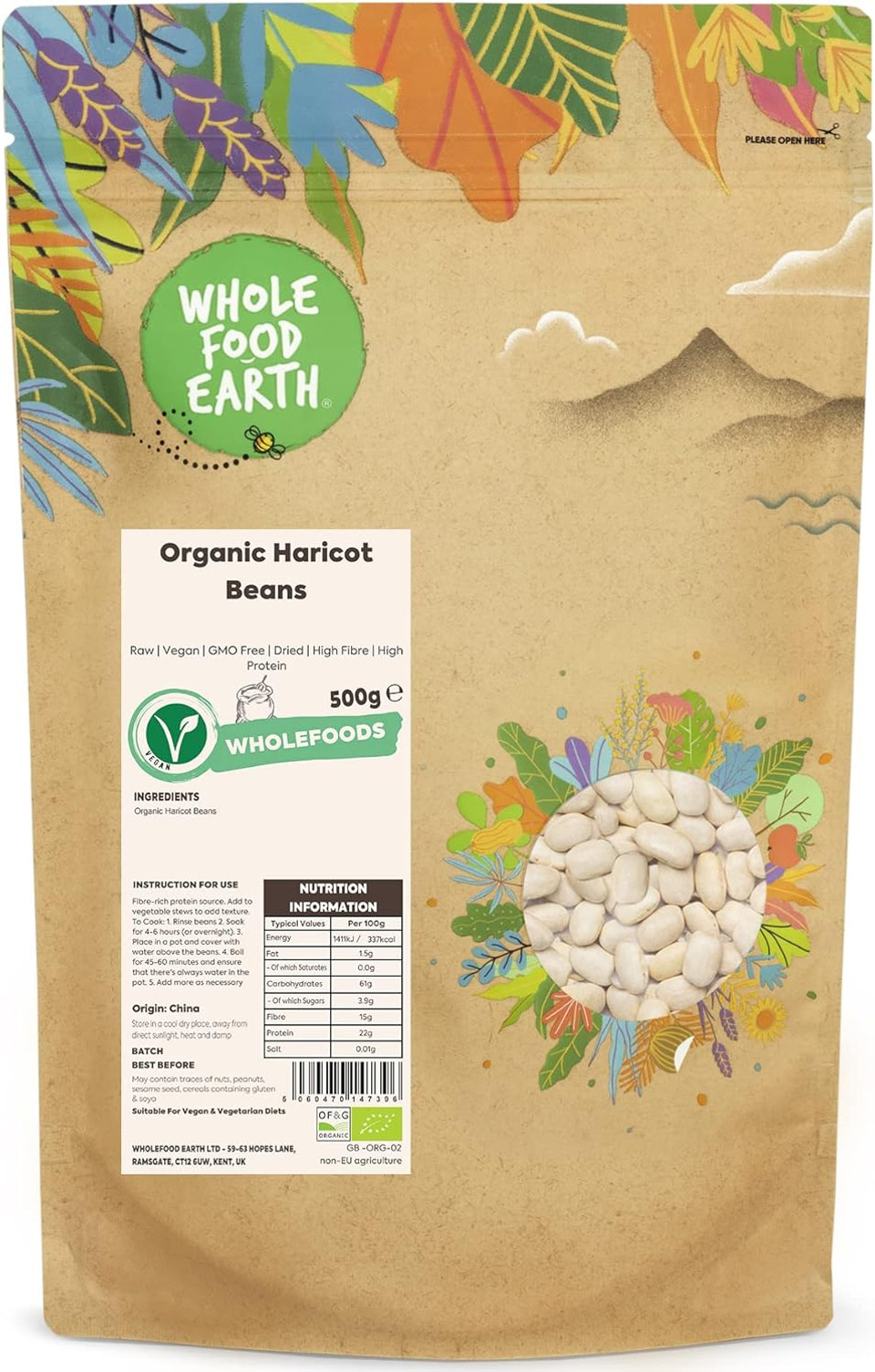Wholefood Earth Organic Haricot Beans 500g Raw | Vegan | GMO Free | Dried | High Fibre | High Protein | Certified Organic