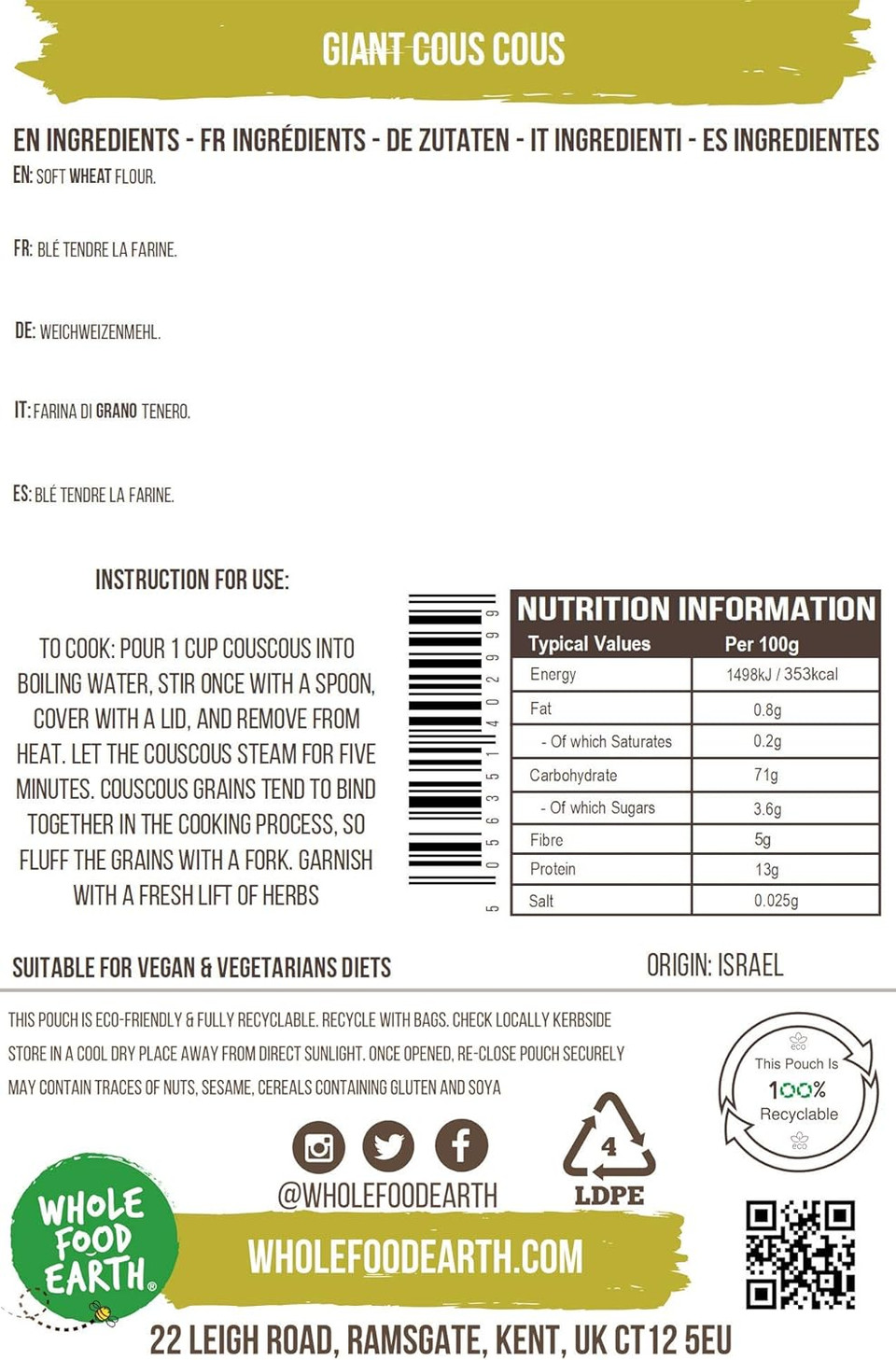 Wholefood Earth Giant Cous cous 3 kg | GMO Free | Natural | Source of Fibre