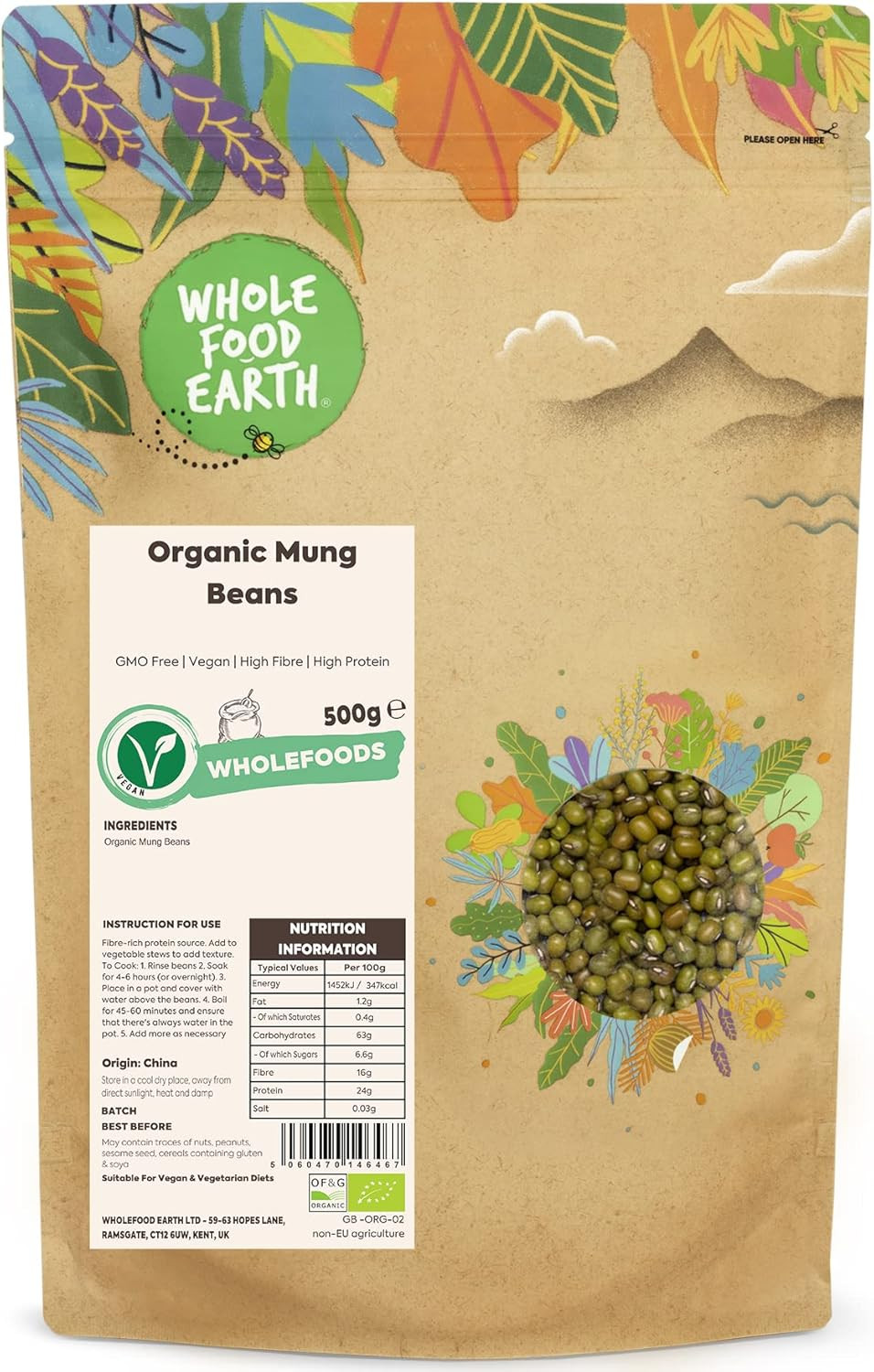 Wholefood Earth Organic Mung Beans 500g GMO Free | Vegan | High Fibre | High Protein | Certified Organic
