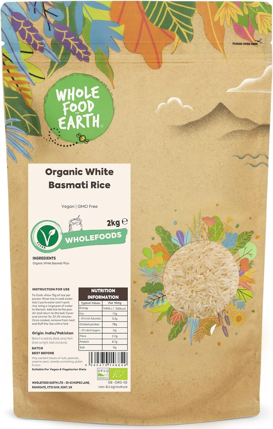 Wholefood Earth Organic White Basmati Rice 2kg Vegan | GMO Free | Certified Organic