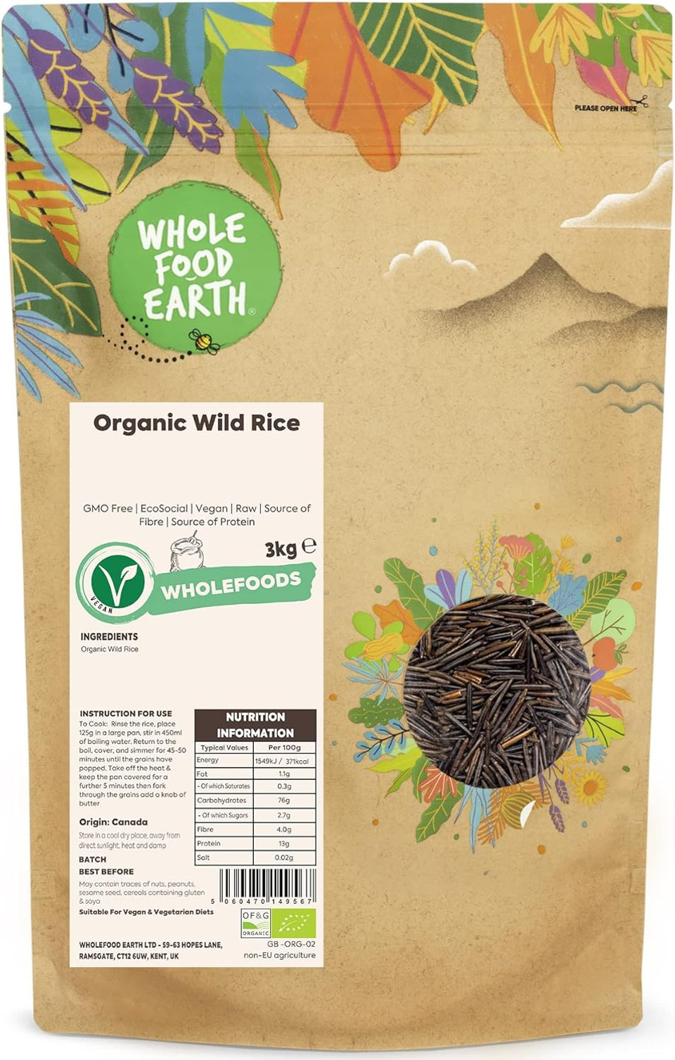 Wholefood Earth Organic Wild Rice 2kg GMO Free | EcoSocial | Vegan | Raw | Source of Fibre | Source of Protein | Certified Organic