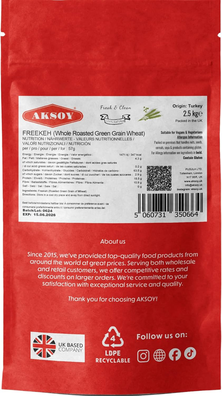 Aksoy Wholefoods Whole Grain Freekeh 2.5KG | Nutritious and Natural Grain Option with High Fiber Content, Perfect for Soups, Pilafs, and Salads  A Delicious and Wholesome Choice