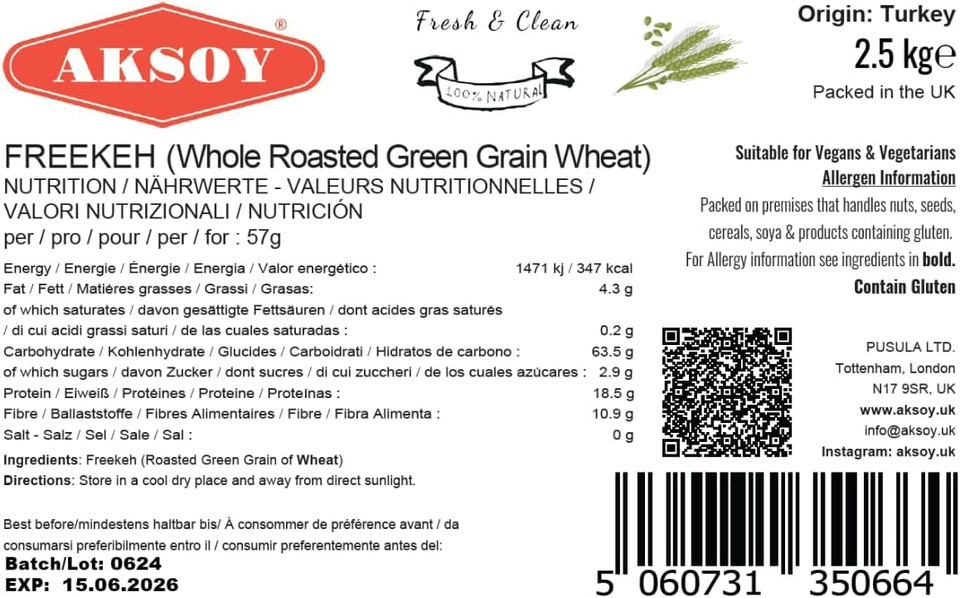 Aksoy Wholefoods Whole Grain Freekeh 10KG | Nutritious and Natural Grain Option with High Fiber Content, Perfect for Soups, Pilafs, and Salads  A Delicious and Wholesome Choice