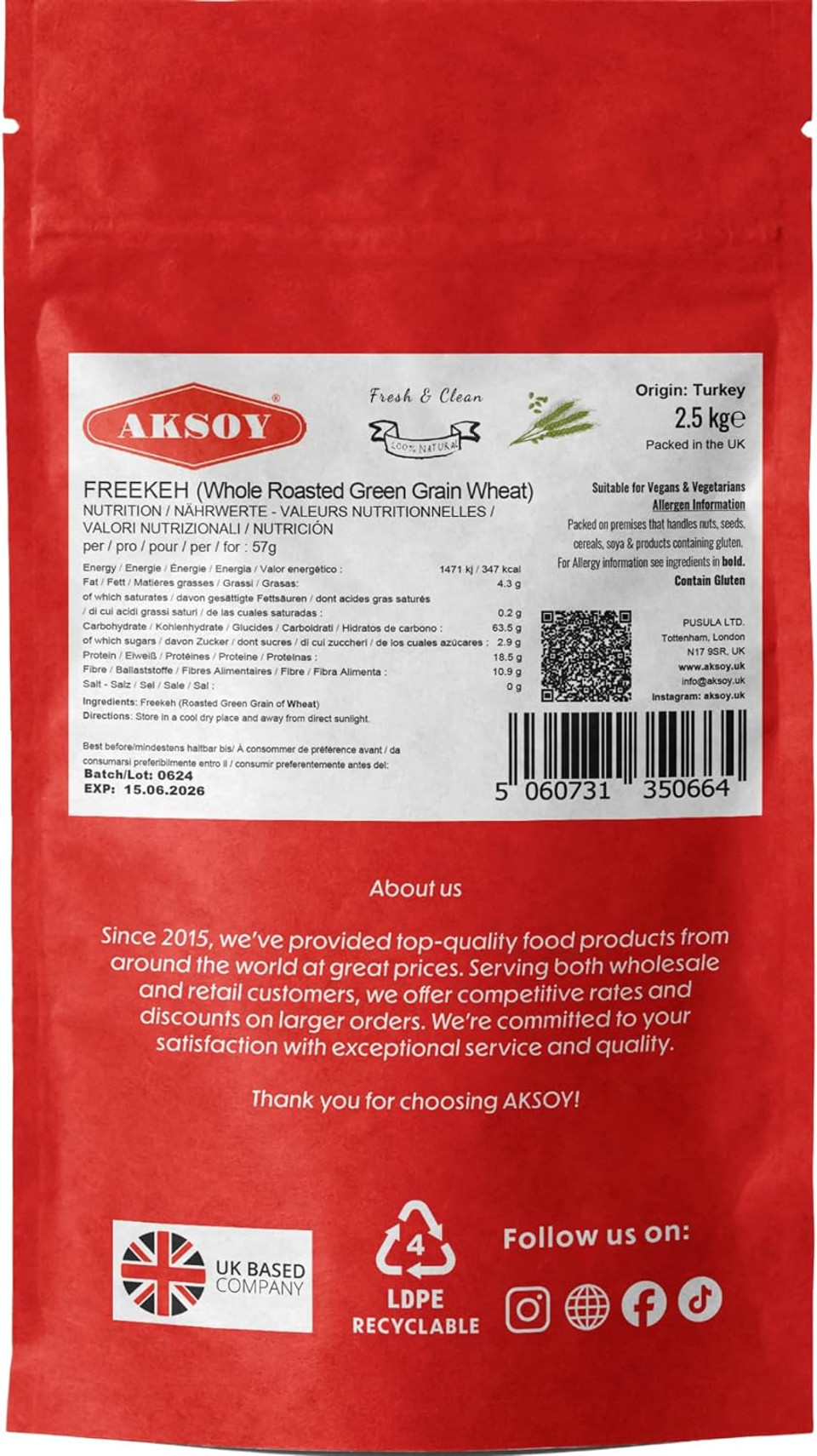 Aksoy Wholefoods Whole Grain Freekeh 1.25KG