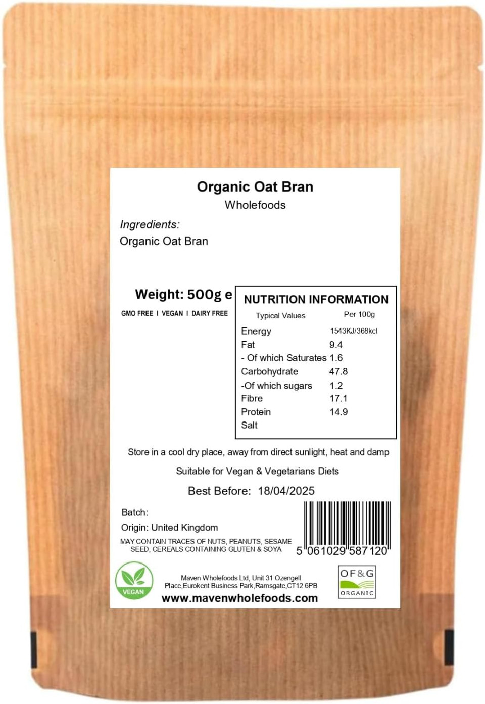 Maven Wholefoods Organic Oat Bran 5kg | GMO Free | Vegan | Natural | Source of Protien | High Fibre | No Additives | Suitable for Vegetarian | Easy to Cook | Packed Fresh in Resealable Bags
