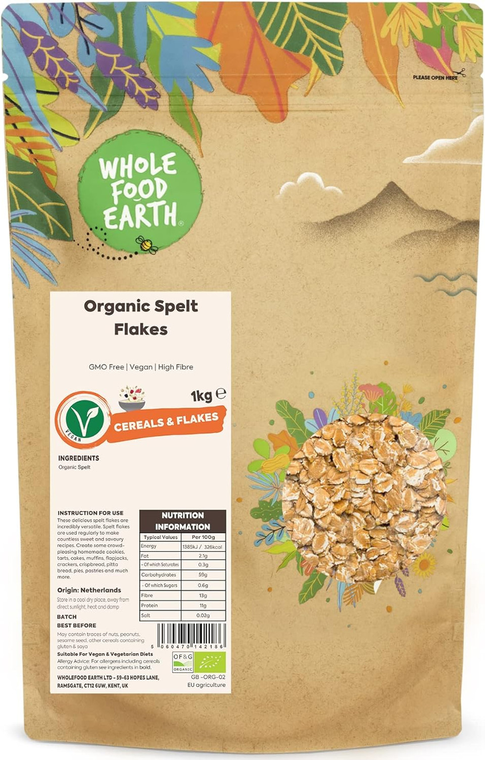 Wholefood Earth Organic Spelt Flakes  1kg | Vegan | GMO Free | High Fibre | Certified Organic