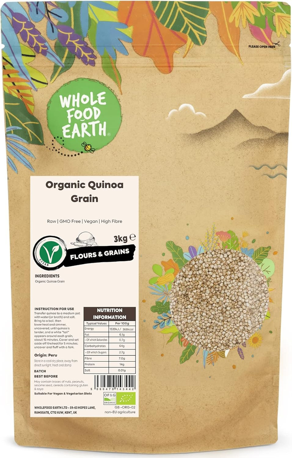 Wholefood Earth Organic Quinoa Grain  3 kg | Raw | GMO Free | Vegan | High Fibre | Certified Organic