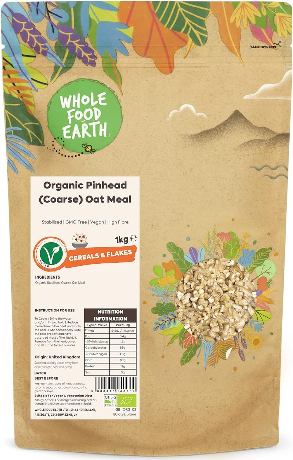 Wholefood Earth Organic Pinhead (Coarse) Oat Meal  3 kg | Stabilised | GMO Free | Vegan | High Fibre | Certified Organic