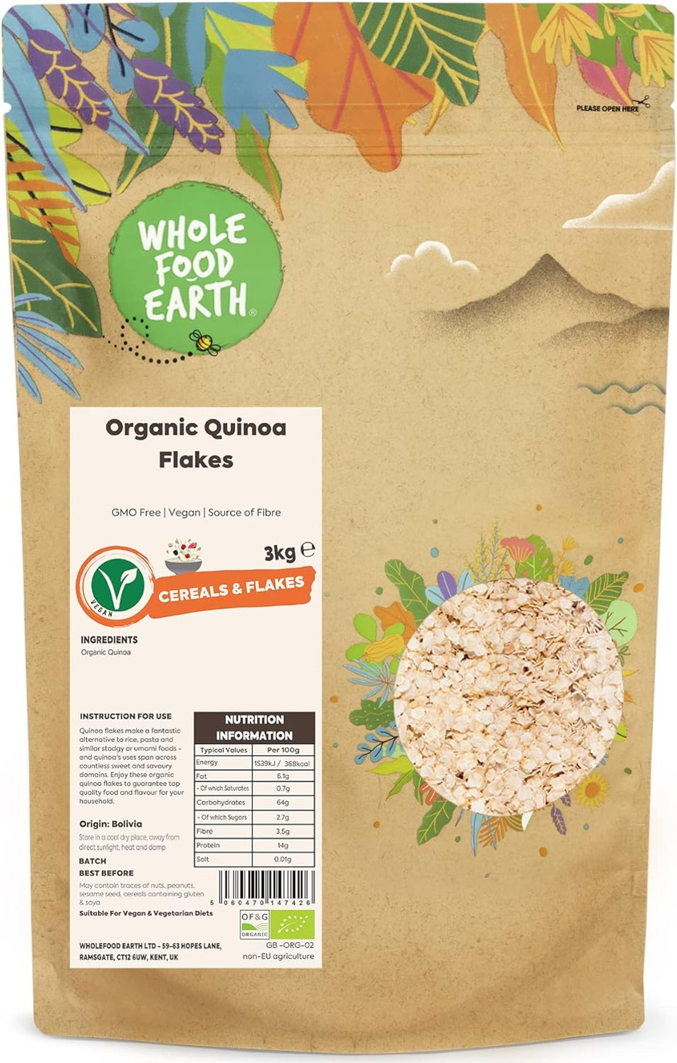 Wholefood Earth Organic Quinoa Flakes  500g | GMO Free | Vegan | Source of Fibre | Certified Organic