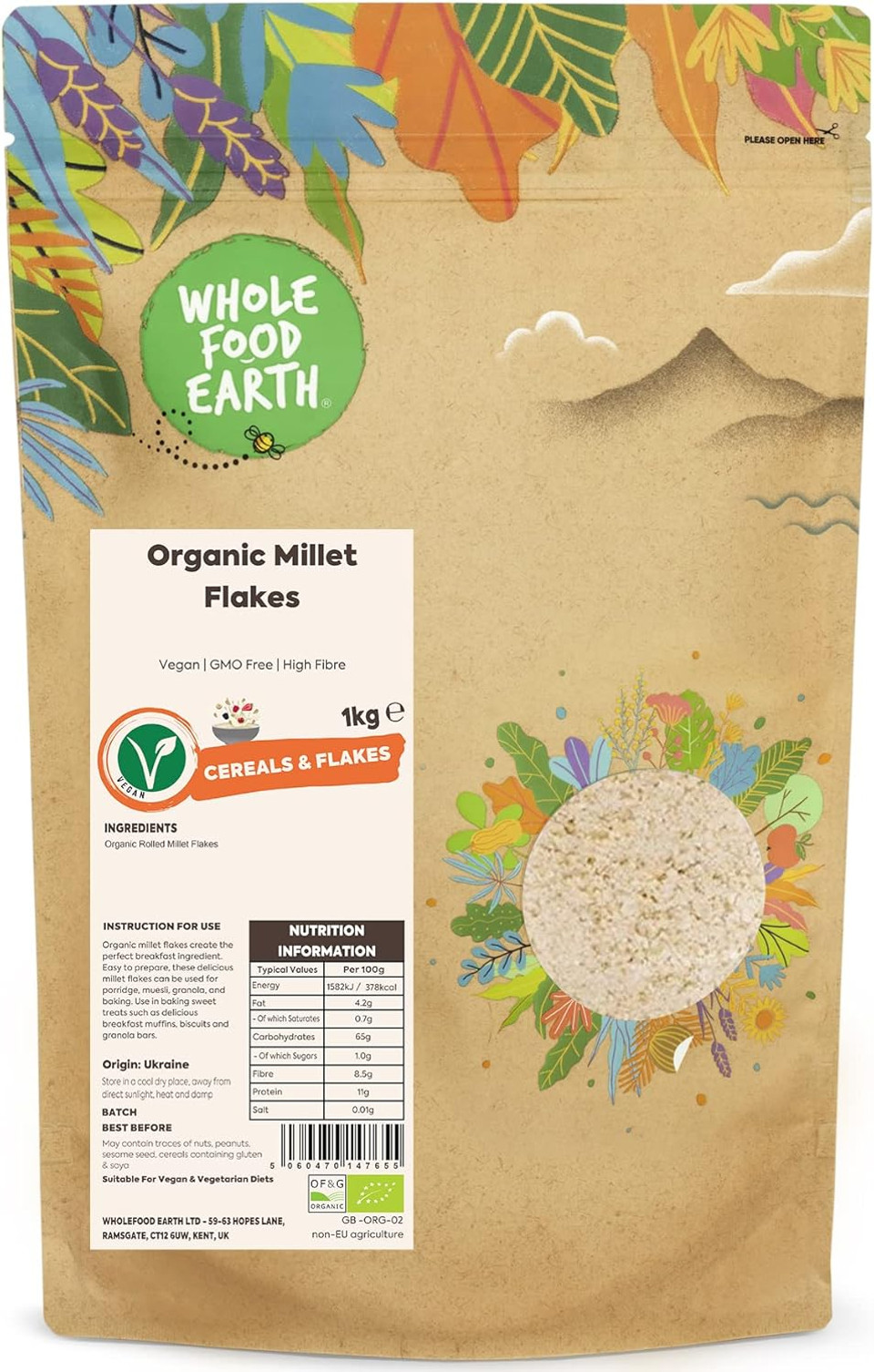 Wholefood Earth Organic Millet Flakes  1 kg | Vegan | GMO Free | High Fibre | Certified Organic