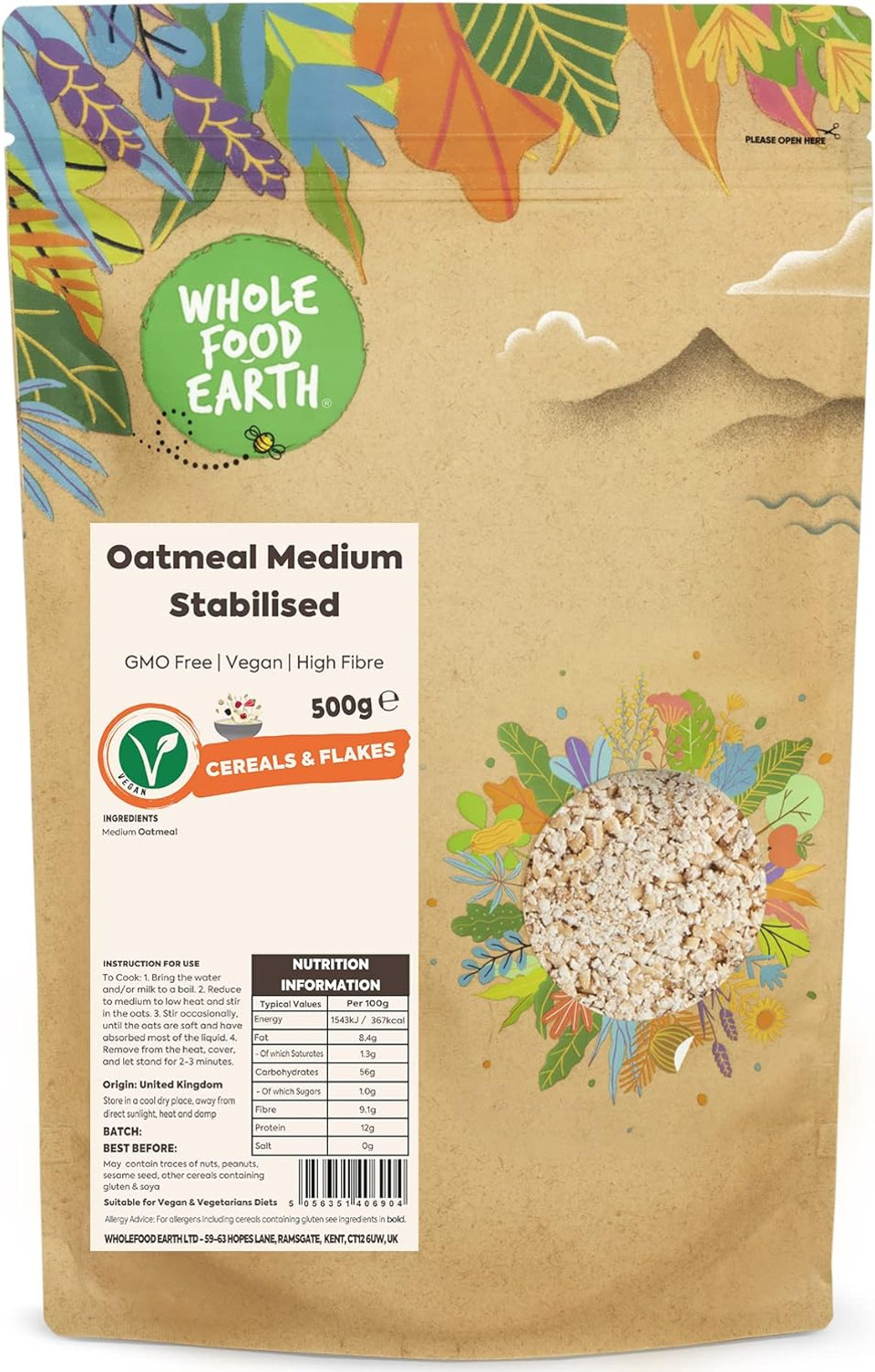 Wholefood Earth Oatmeal Medium Stabilised 500 g | GMO Free | High Fibre