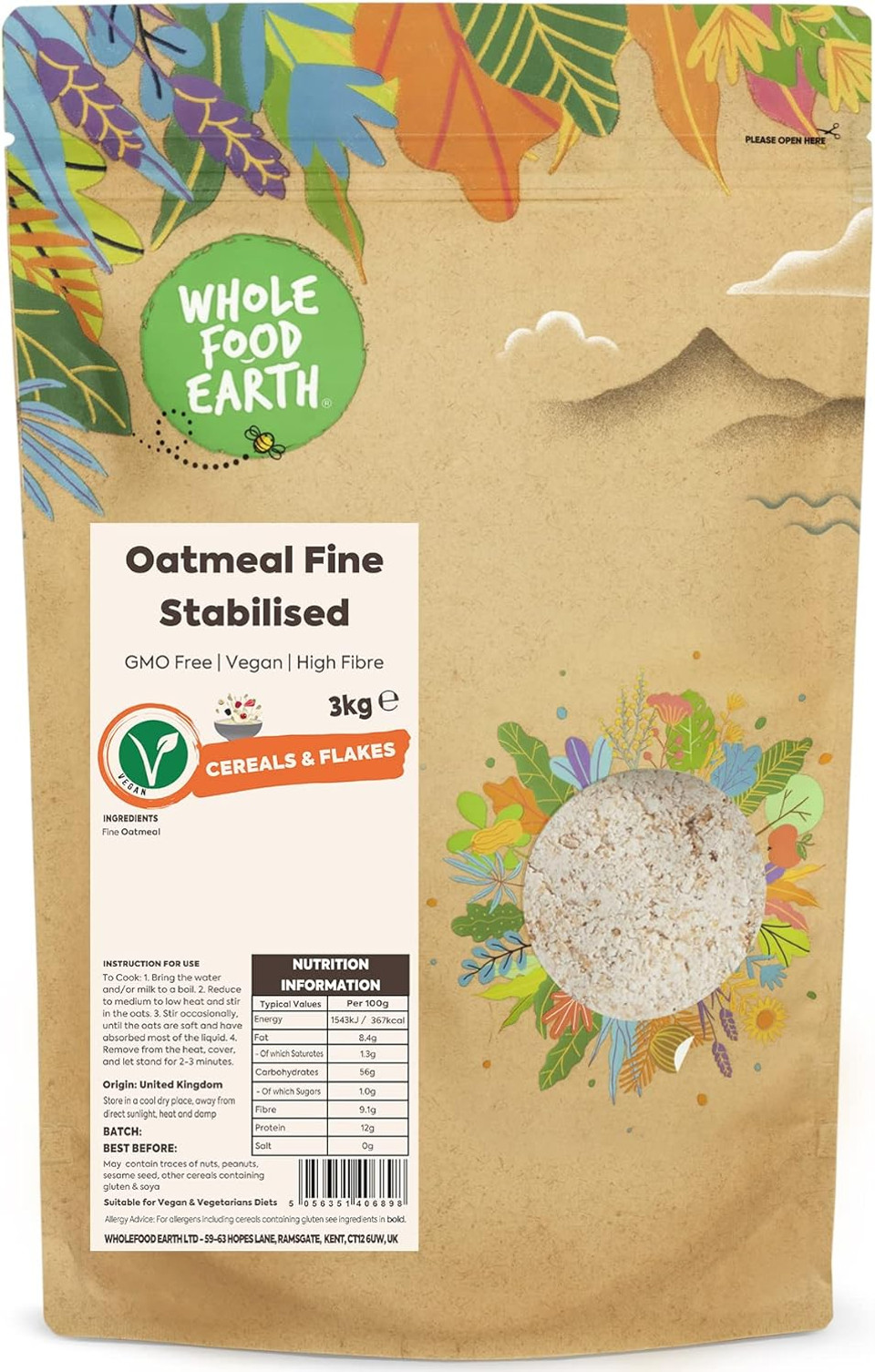 Wholefood Earth Oatmeal Fine Stabilised 3 kg | GMO Free | High Fibre