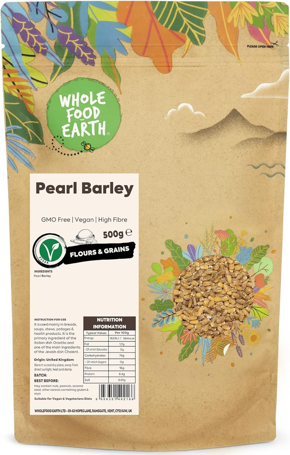 Wholefood Earth Pearl Barley 500 g | GMO Free | High Fibre
