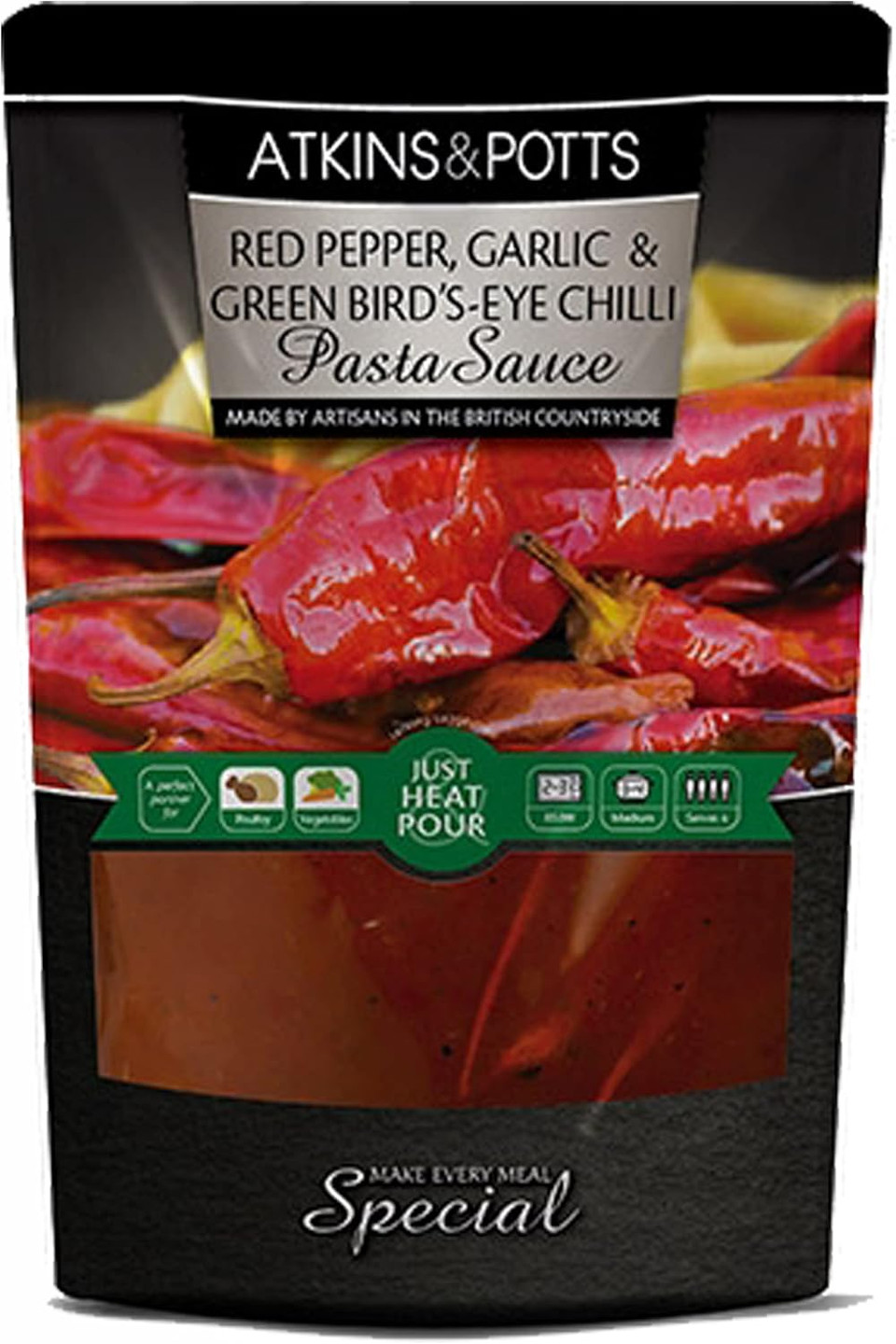 Atkins & Potts Red Pepper, Garlic & Green-Birds-Eye Chilli Pasta Sauce 350g | Pack of 2