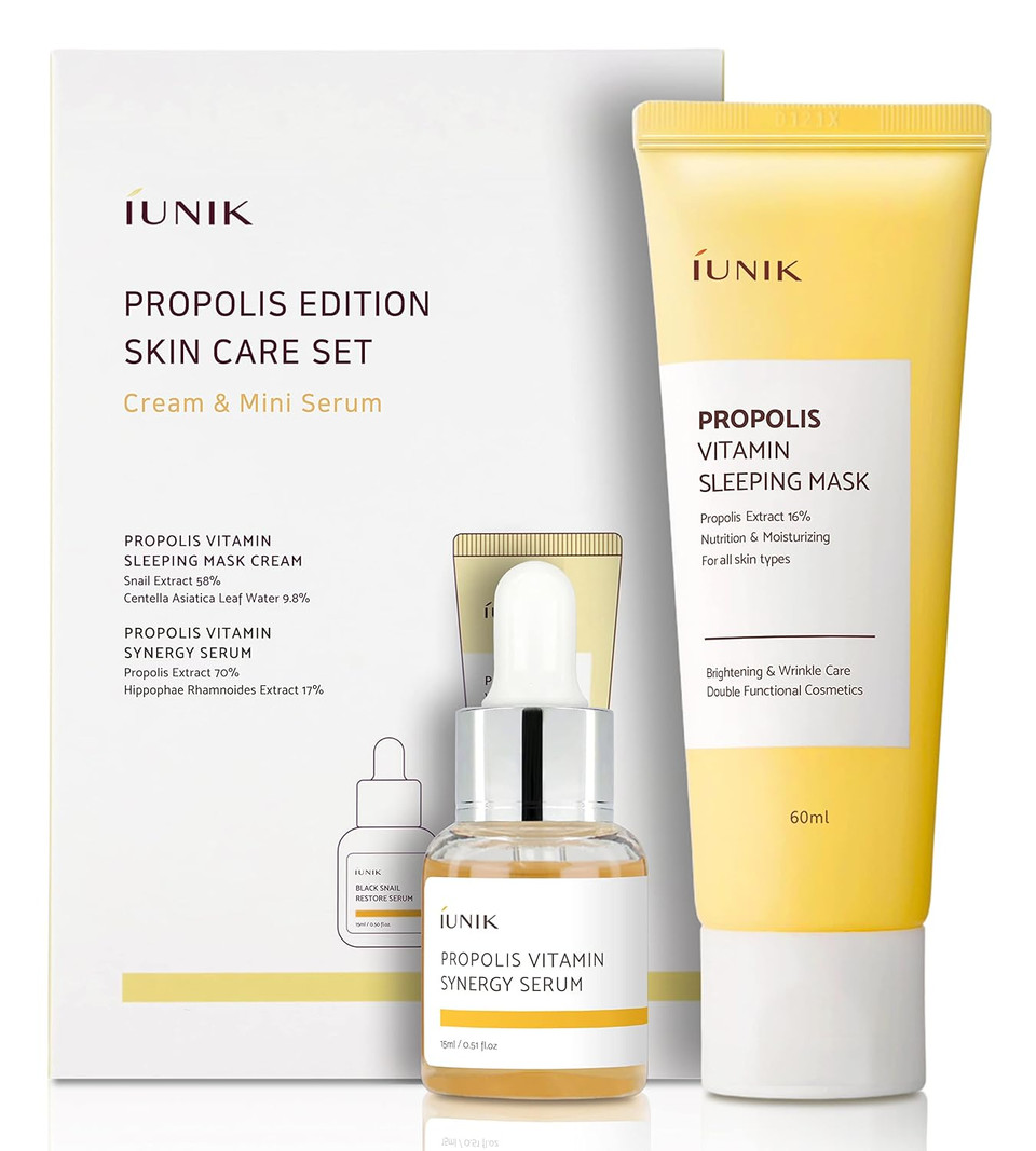 Iunik Propolis Edition Skincare Set (Sleeping Mask 2.02 Fl.Oz. & Mini Serum 0.51 Fl.Oz.) - Featuring Propolis And Buckthorn Fruit Extracts To Infuse And Revitalize Skin With Moisture And Vitamins
