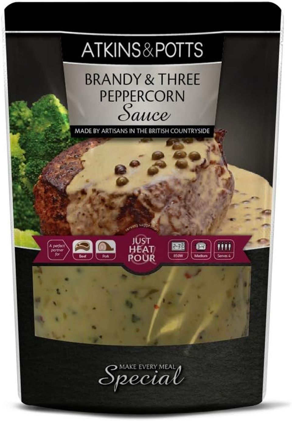 Atkins & Potts Brandy Three Peppercorn Finishing Sauce, 350g Atkins & Potts Brandy Three Peppercorn Finishing Sauce, 350g