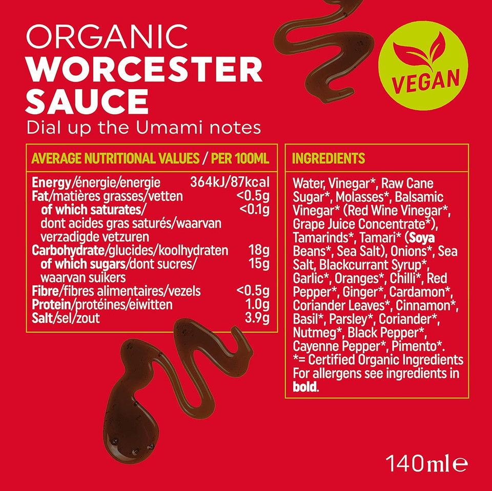 Bonsan Organic Vegan Worcester Sauce 140ml - Yeast Free, GMO Free - Ideal for Sauces, Marinades & Cooking - Absolutely Vegan