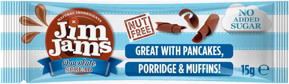Jim Jams Milk Chocolate Spread 120x 15g Sachets  No Added Sugar, Nut Free, Keto Friendly, Gluten Free, Natural Ingredients, Low Sugar, Tooth-Friendly, Mini Chocolate Portion