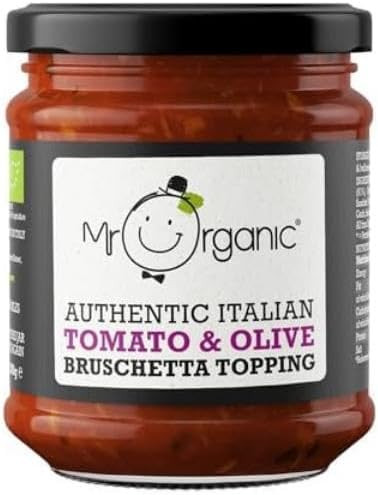 Mr Organic Tomato & Olive Bruschetta Topping 200g - Italian Condiment, Blend of Tomatoes & Olives - Ideal for Bruschetta, Pasta, and Salads - Made with Organic Ingredients - Pack of 1