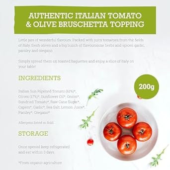 Mr Organic Tomato & Olive Bruschetta Topping 200g - Italian Condiment, Blend of Tomatoes & Olives - Ideal for Bruschetta, Pasta, and Salads - Made with Organic Ingredients - Pack of 1