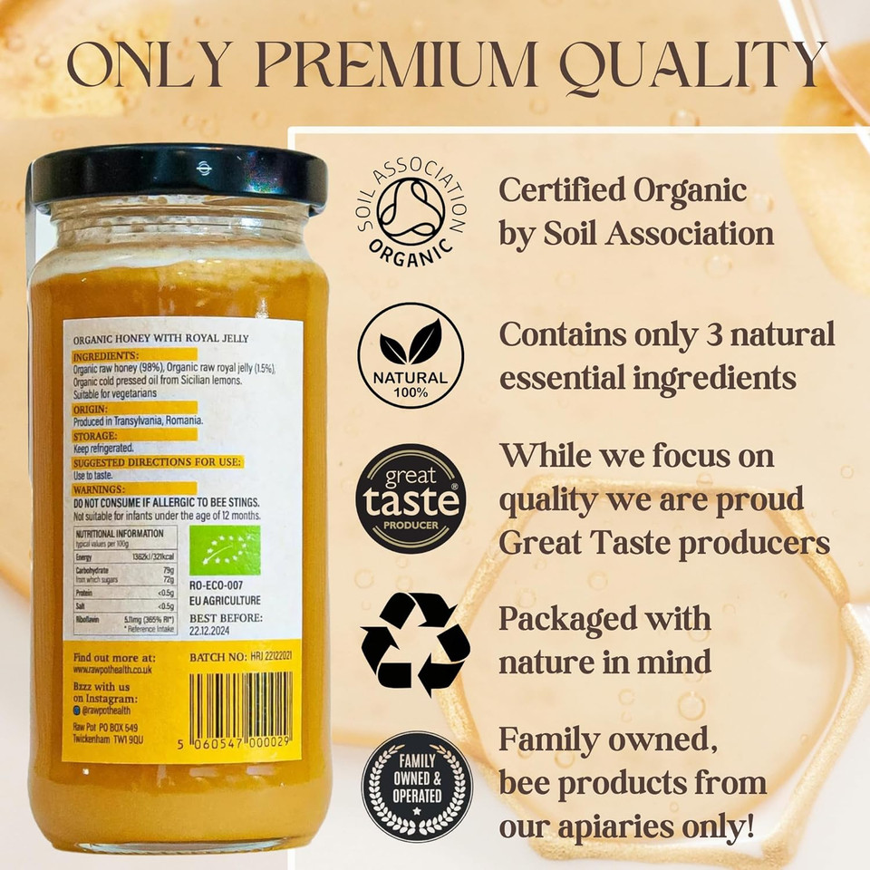 RAW POT - ORGANIC RAW HONEY  Natural Unpasteurised Pure Honey Rich in Antioxidants, Vitamins & Minerals, Probiotics for Digestive Health, Immunity, Energy Support | External Use for Skin Care (350g)