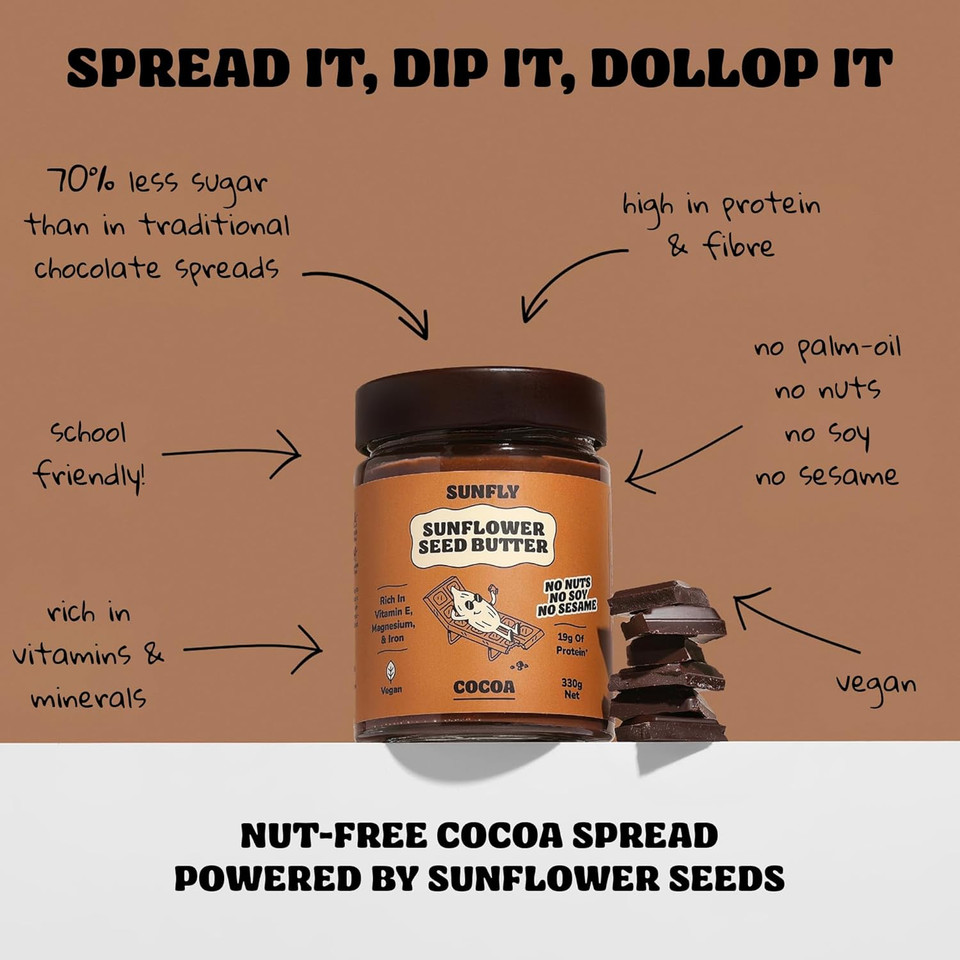 SUNFLY Protein Chocolate Spread - Nut-Free, High-Protein Cocoa Spread from Sunflower Seeds - 70% Less Sugar - Palm Oil & Top 14 Allergen Free, Vegan - Rich in Vitamins & Minerals - 2 x 330g Jars