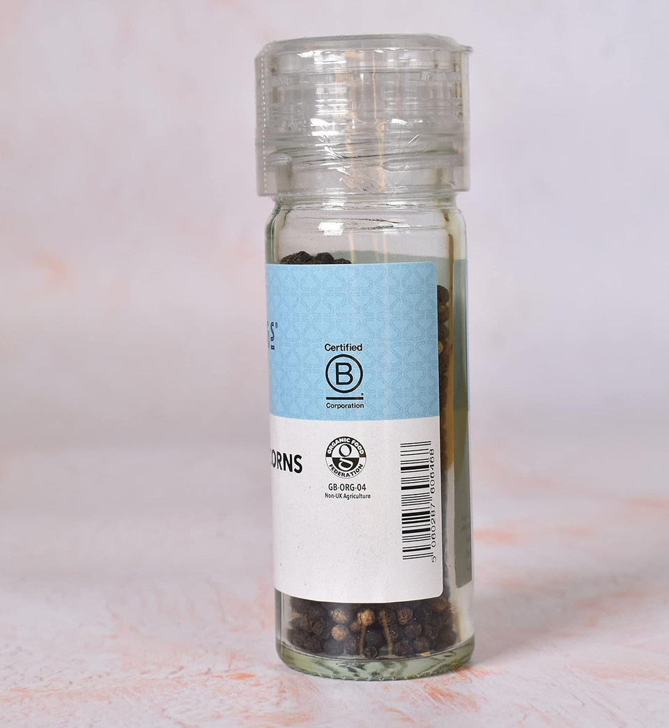 Steenbergs Organic Black Peppercorns 40g in a grinder