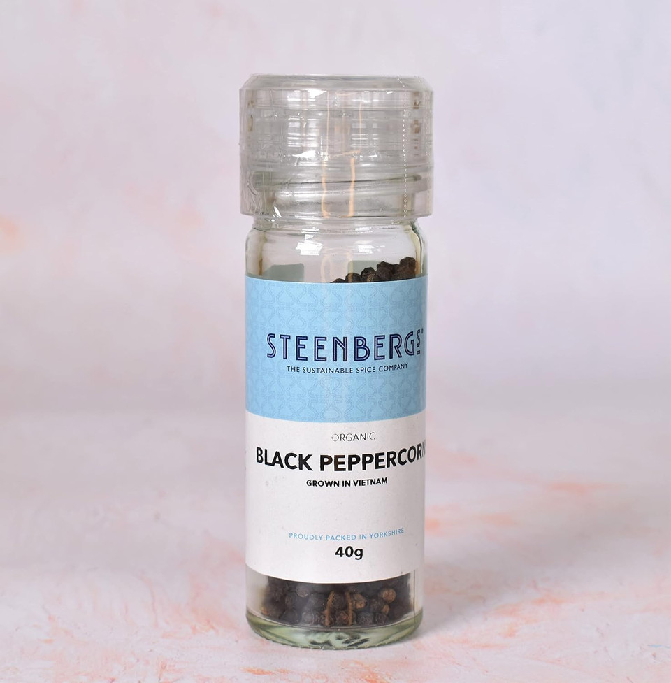 Steenbergs Organic Black Peppercorns 40g in a grinder