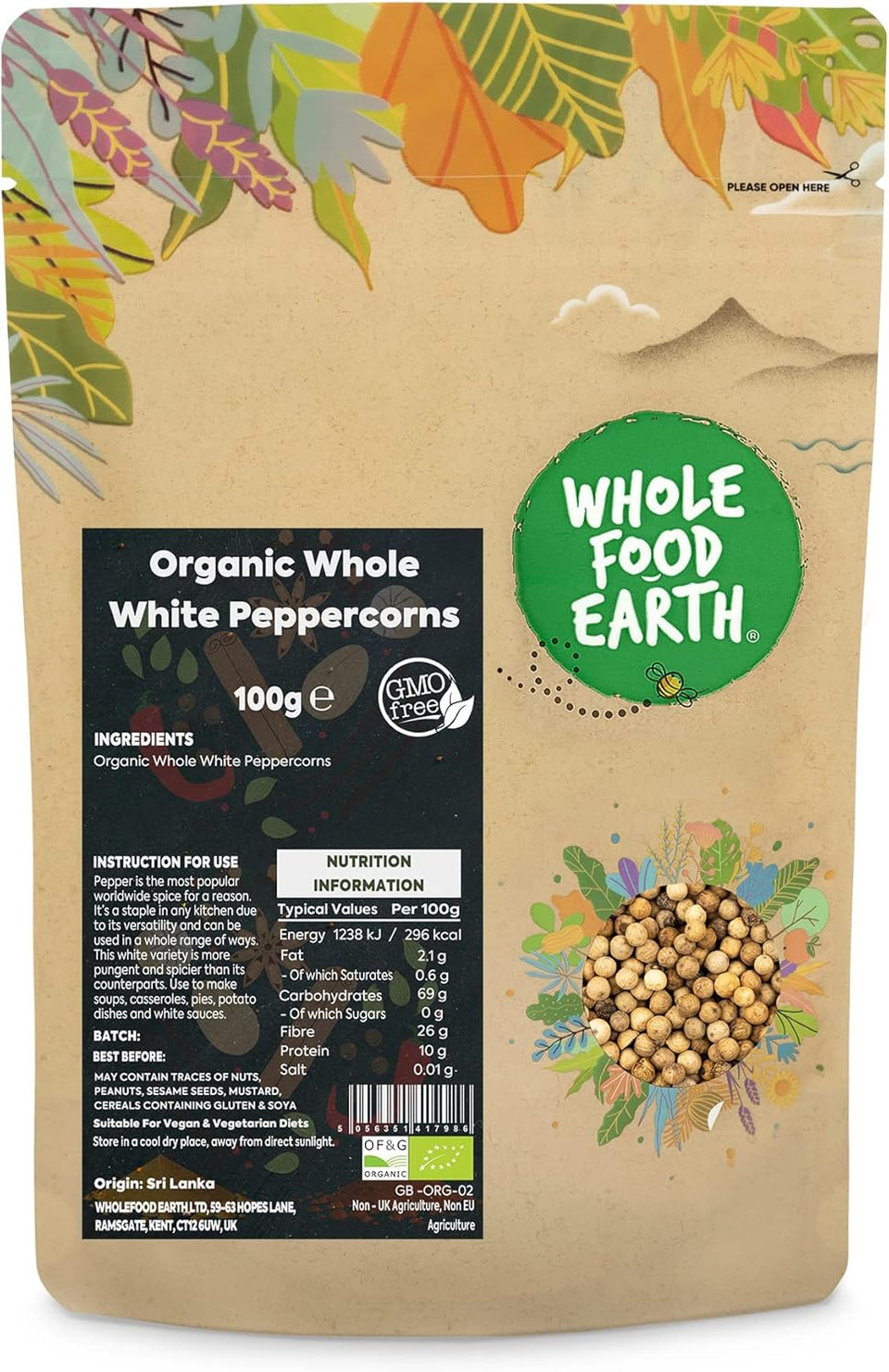 Wholefood Earth Organic Whole White Peppercorns 100 g | GMO Free | Certified Organic