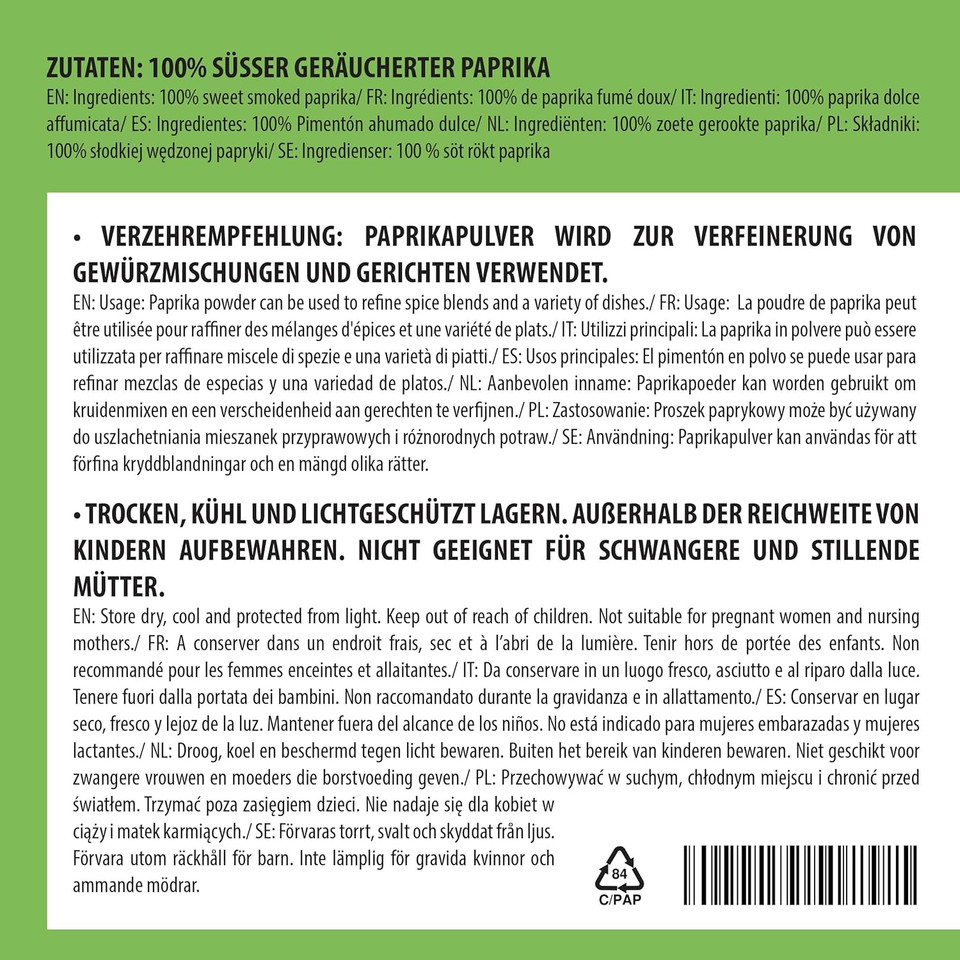 Sweet Smoked Paprika Powder 250g 8.8 oz by Alpi Nature, Ground Red Peppers, Mild Smoked Paprika