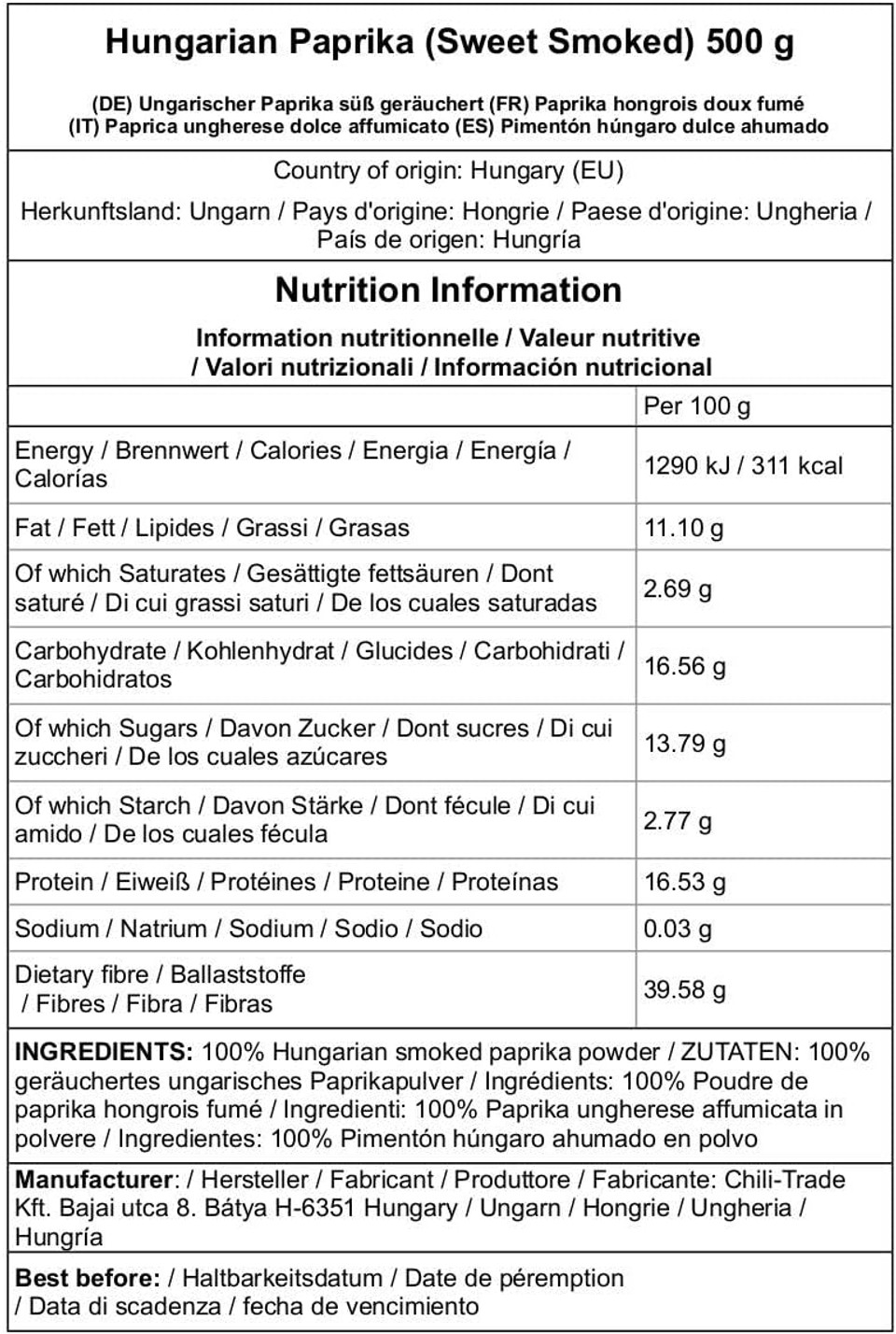 Chili-Trade Hungarian Paprika Premium Quality Origin: Kalocsa,Hungary (Sweet & Smoked, 500g)