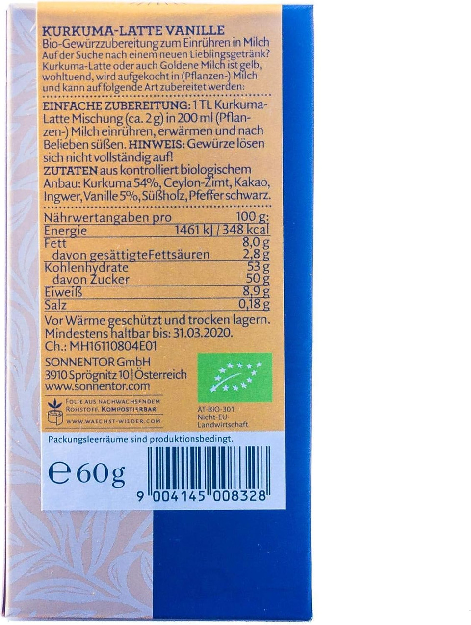 Sonnentor Organic Turmeric Vanilla Latte Box, 60 g