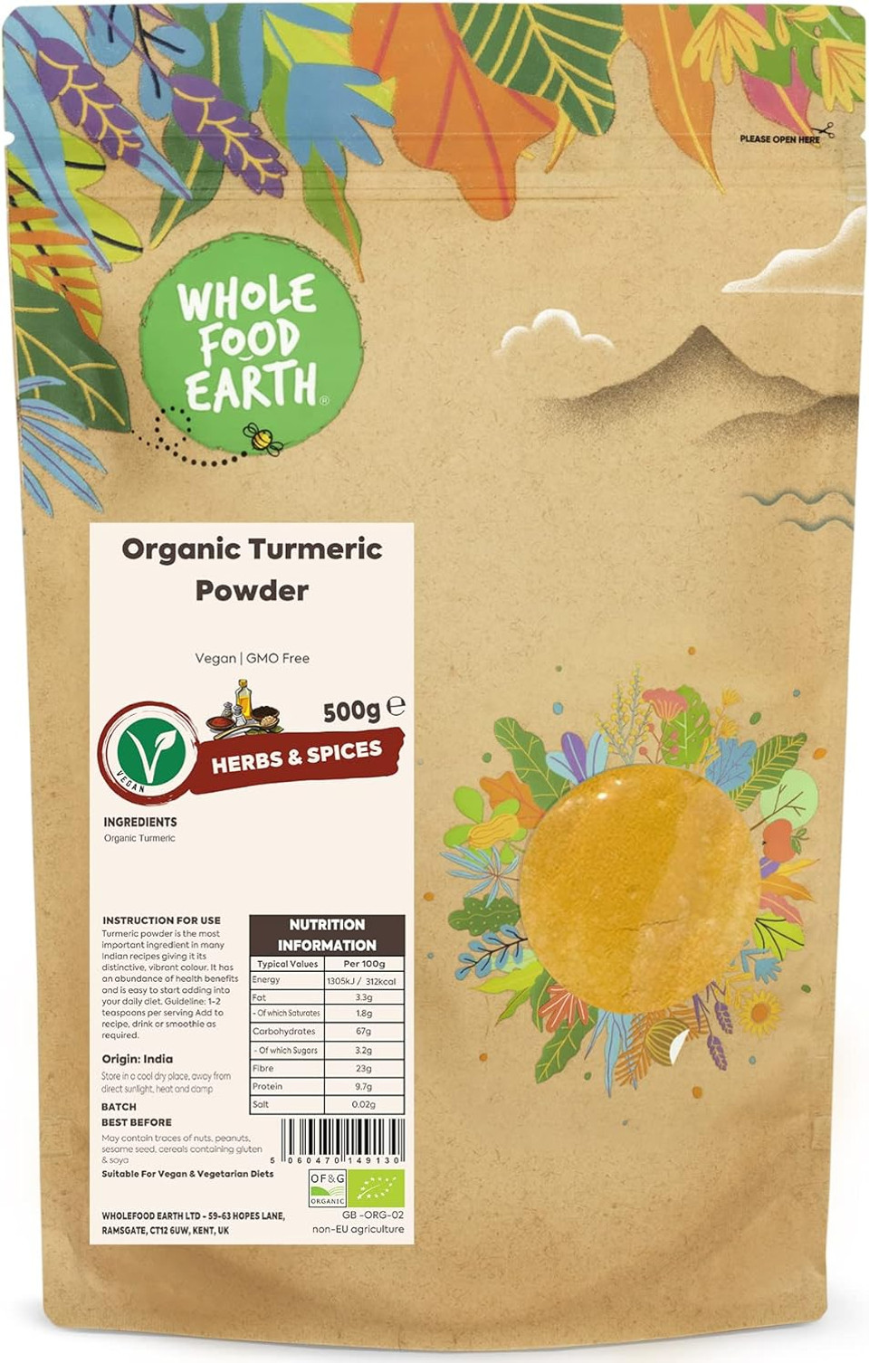 Wholefood Earth Organic Turmeric Powder 500g Vegan | GMO Free | Certified Organic