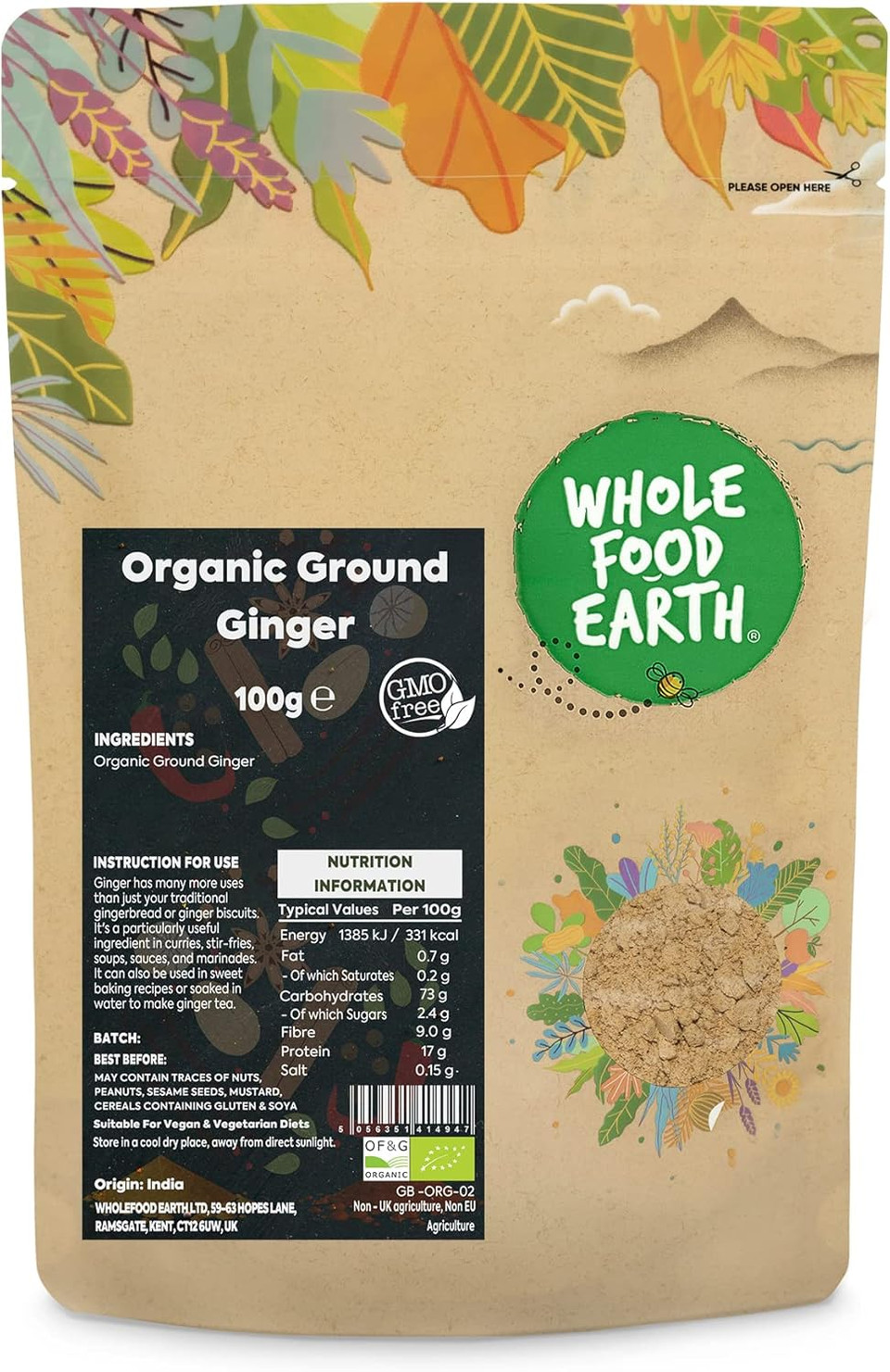 Wholefood Earth Organic Ground Ginger 100 g | GMO Free | Certified Organic